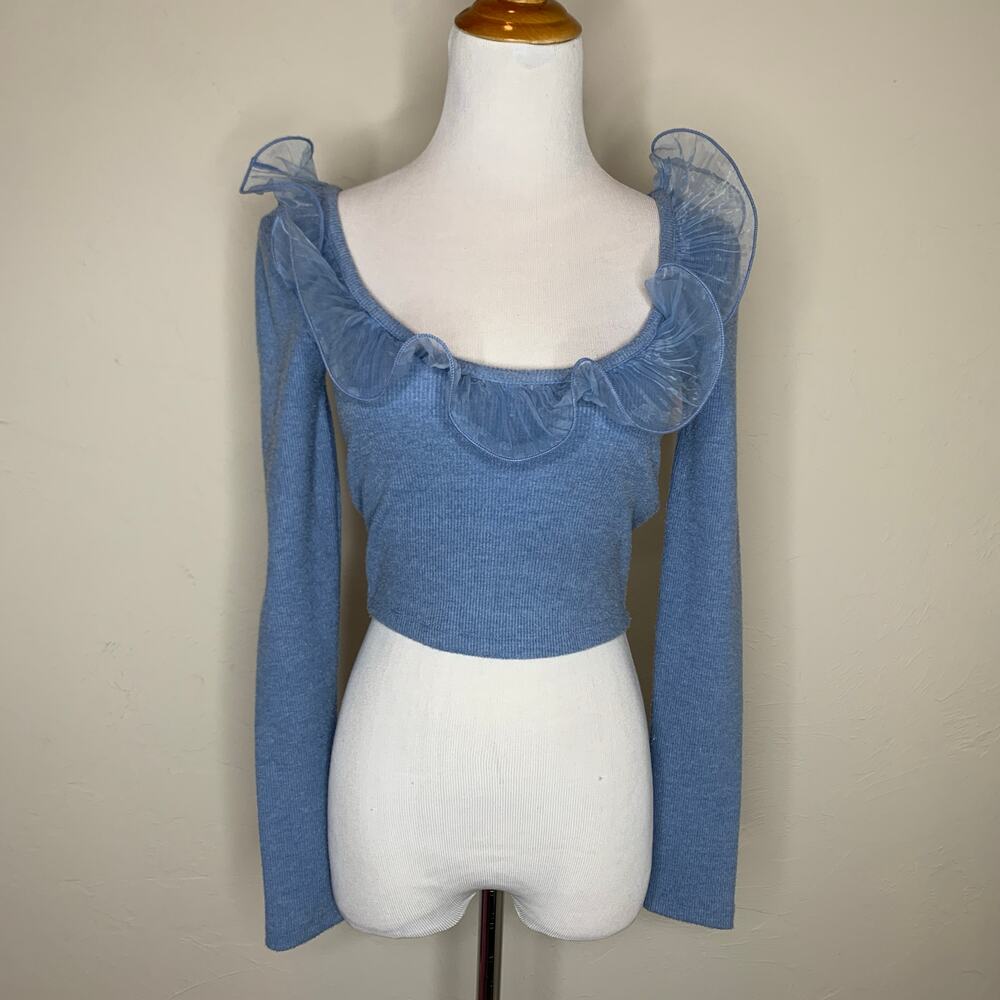 Zara Organza Ruffle Scoop Neck Sweater Sz Small Light Blue